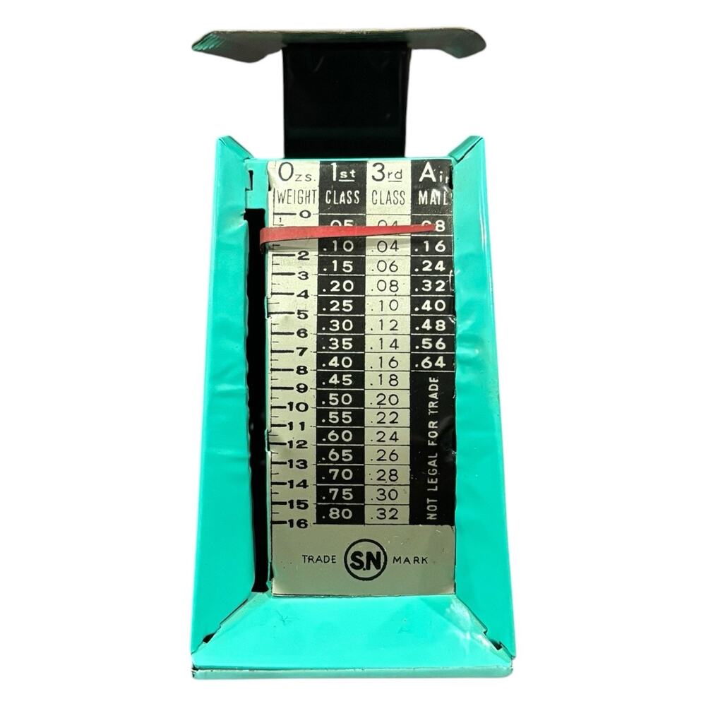 Vintage 1960s Atomic Teal SN Trademark Postal Scale Weighs up to 16 Ounces